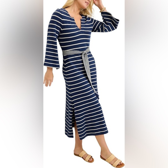NWT Tommy Bahama Sun Harbor Caftan V-Neck 3/4 Sleeve Tassel Self-Tie Midi Dress - Picture 2 of 9
